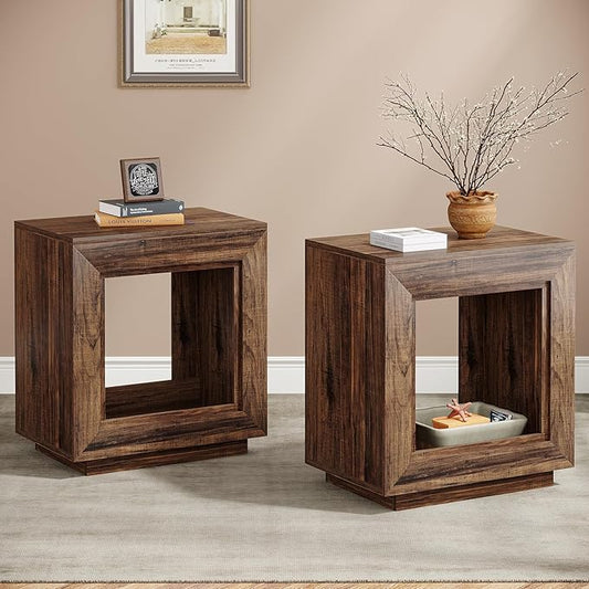 Tribesigns Rustic Wood End Table, 2 Tiered Square Side Table with Storage Shelf, Industrial Sofa Side Table for Living Room, Entrance (2, Brown)