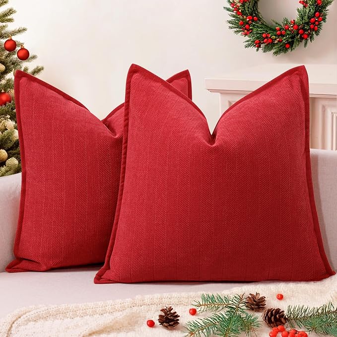 ZWJD Christmas Pillow Covers 18x18 Set of 2 Chenille Throw Red Cushion Covers with Elegant Design Soft and Luxurious Decorative Pillows for Couch, Bed, and Christmas Decor