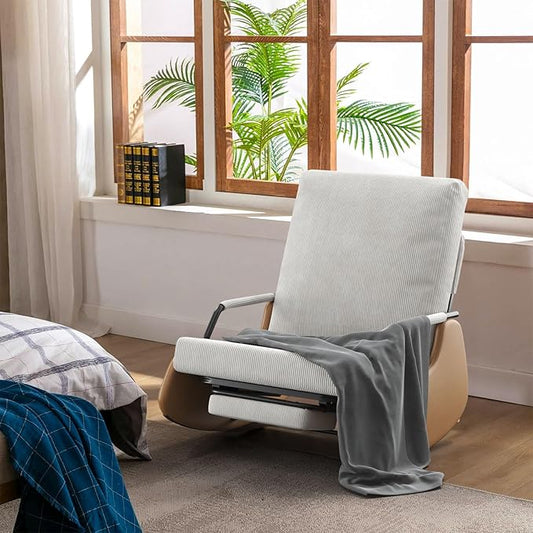 Upholstered Recliner Rocking Chair Nursery with Adjustable Backrest and Footrest, Comfy Corduroy Foldable Glider Chair for Bedroom & Living Room, Beige