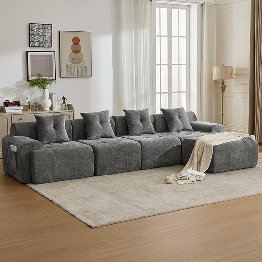 129.23”Modular Sectional Couch for Living Room, Modren L-Shape Cloud Sectional 4-Seater Sofa with Movable Ottoman, Woven Texture Upholstery Boneless Couch, No Assembly, Grey