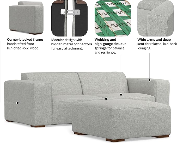 SIMPLIHOME Rex Modular Sofa and Ottoman Set in 100% Recycled Polyester Tightly Woven Performance Fabric, Pale Grey, 88-inch-Wide 2-Seater Couch and Matching 34-inch-Wide Table Ottoman for Living Room