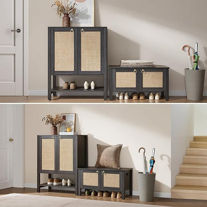 SICOTAS Shoe Storage Cabinet for Entryway - 5 Tier Rattan Entry Shoe Organizer Cabinet with Shelves & Doors, 2 Pieces Farmhouse Boho Tall Shoe Rack for Hallway, Living Room, Closet (Obsidian)