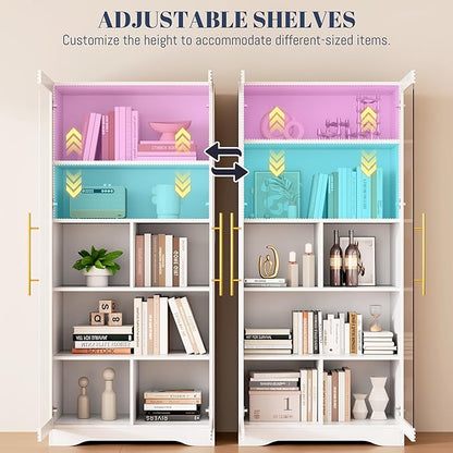 Vlsrka 65" File Cabinet, Filing Cabinets Fit Letter/A4 Size, Storage Cabinet with Doors & Lights, Tall File Bookcase with 2 Adjustable Shelves for Home Office, Living Room, White