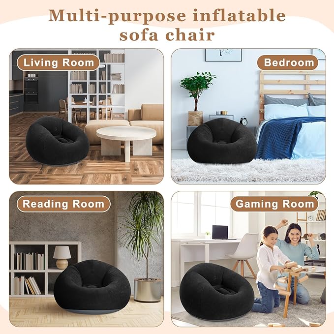 Realspring 9 Pcs Bean Bag Chairs for Adults Inflatable Chairs with Electric Air Pump,Blow up Couch Folding Portable Inflatable Couch Lazy Sofa for Reading Living Room Camping (Black)