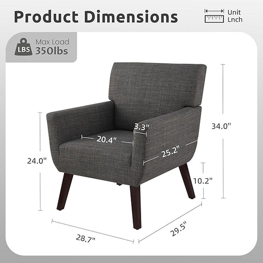 Upholstered Accent Chair,Mid Century Modern Linen Fabric Living Room Chair with Arm,Comfy Wingback Club Armchair for Bedroom Reading Dark Grey