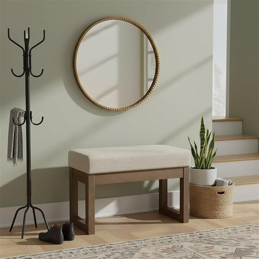 SIMPLIHOME Milltown Footstool - 27 inch Wide Upholstered Solid Wood Rectangular Small Ottoman Bench in Beige Cream, Contemporary Footrest for Entryway or Bedroom with Cushioned Seat & Compact Design