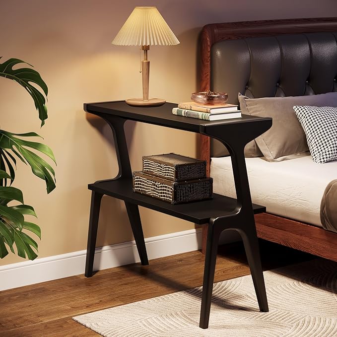 Tribesigns Set of 2 Solid Wood Side Table, 2-Tier Modern Slim Couch Side Table with Storage Shelf, Sofa End Table with Deer-Shaped Legs for Living Room, Skinny Bedside Nightstand for Bedroom, Black