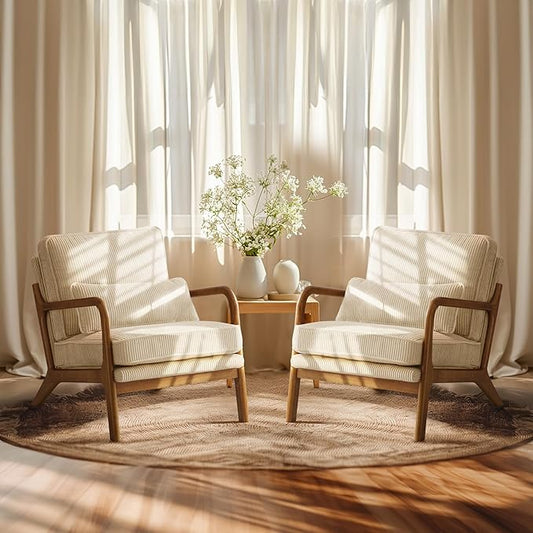 VINGLI Upgraded Premium Corduroy Accent Chairs Set of 2,Upholstered Arm Chair,Solid Wood Comfy Reading Chair with Lumbar Pillow, Mid Century Modern Chairs for Living Room,Bedroom,Dark Beige