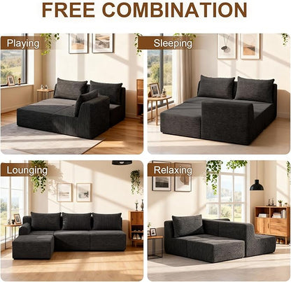 JSLOVE Modular L-Shape Sectional Sofa with Chaise, 3 Seat Movable Boneless Cloud Couch in One Box, Sofa Couch Bed with Ultra-Soft Corduroy Fabric, No Assembly Required for Living Room, Bedroom(Black)