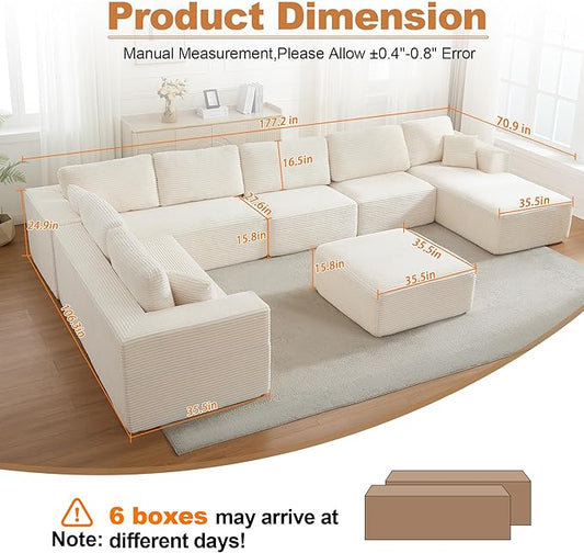 Modular Sectional Cloud Couch for Living Room,Modern Boneless Couche Set with Plush Corduroy,Comfy Floor Sofa with Memory Foam,Stupendous U Shaped Sofa with Ottoman,No Assembly Required,Beige