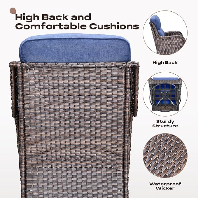 Rilyson 4 Piece Outdoor Patio Swivel Rocker Chairs, Waterproof Wicker, High Back, Deep Seating, Wide Armrest, Upgraded 6 inch Thick Cushions, Ideal for Deck Porch Backyard, Brown/Blue