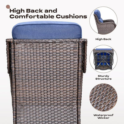 Rilyson Outdoor Patio Swivel Rocker Chairs Set of 2, Waterproof Wicker, High Back, Deep Seating, Wide Armrest, Upgraded 6 inch Thick Cushions, Side Table, Ideal for Deck Porch Yard, Brown/Blue