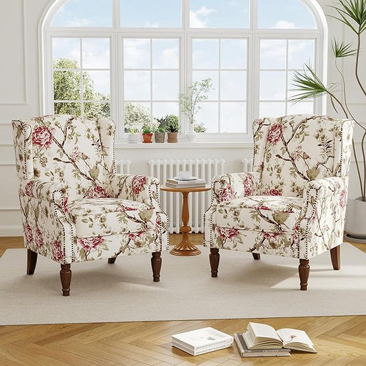 Accent Chair, Upholstered High Back Floral Armchair with Nailhead Trim & Wood Legs, Comfy Wingback Reading Single Sofa Chair for Small Spaces, Living Room, Bedroom (Pink Floral, Set of 2)