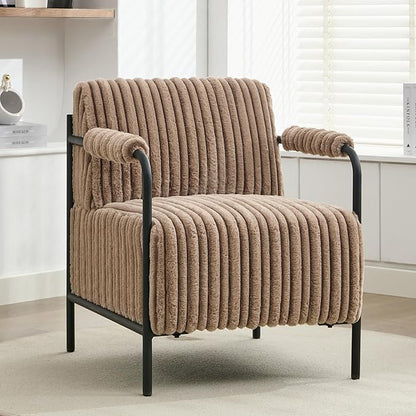 Modern Accent Lounge Chair Velvet Tufted Textured Upholstery Vertical Stitching Metal Frame Ergonomic Reading Chair for Living Room Bedroom Stylish Compact Cozy Design (Light Brown)