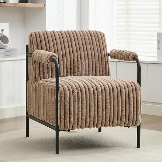 Modern Accent Lounge Chair Velvet Tufted Textured Upholstery Vertical Stitching Metal Frame Ergonomic Reading Chair for Living Room Bedroom Stylish Compact Cozy Design (Light Brown)