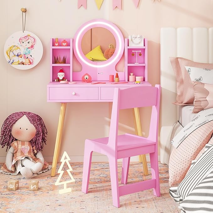 Costzon Kids Vanity, Girls Vanity Set with Mirror and Stool and Lights, Drawers, Storage Shelves, Wooden Toddler Makeup Vanity Desk Dressing Table, Kids Vanity Table and Chair Set (Pink)