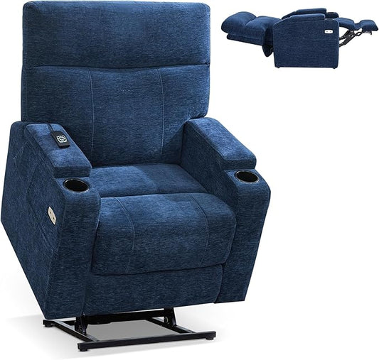 MCombo Lay Flat Dual Motor Power Lift Recliner Chair with Massage & Dual Heating, Arm Storage, Extended Footrest, USB A/C Ports & Cup Holders, Infinite Position for Elderly, Fabric LC002 (Navy)