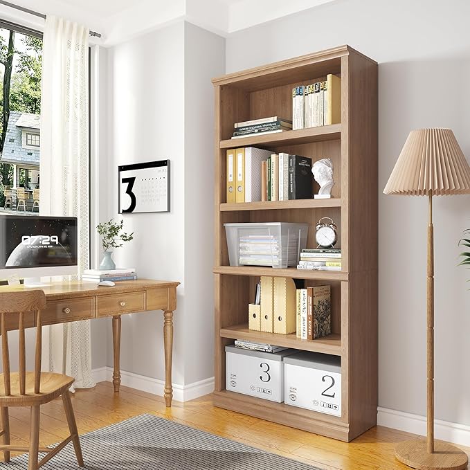 70 in Tall Bookcase, White Bookshelf Open Storage 5-Tier Shelves, 33 inch Wide Floor Standing Indoor Furniture, Book Cases for Home School Library Office Bedroom Kids, Oak 5 Tiers