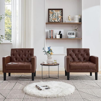 TYBOATLE Accent Chair Comfy Living Room Chair Leather Tufted Mid Century Modern Accent Chair, Small Cozy Reading Arm Chair for Office, Bedroom (1, Brown)