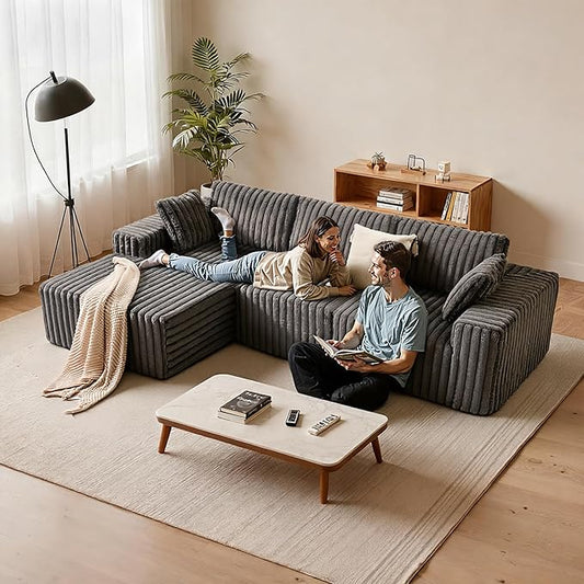 Apicizon 113" Modular Sectional Couch for Living Room, L Shaped Sectional Sofa Couch with Deep Seat, 3 Seat Boneless Sofa with Chaise Longue for Apartment，No Assembly Required (Plush Corduroy Gray)