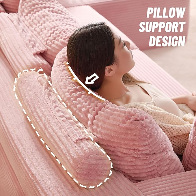 107" Boneless Couch with Deep Seat, Modular Sectional Sofa, Cloud Sectional Couch for Living Room, No Assembly Required, Corduroy, L-Shape Right，Pink