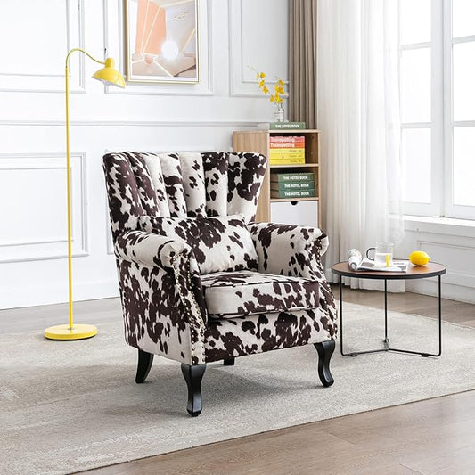 Accent Reading Arm Chairs Set of 2 for Living Room Bedroom, Midcentury Modern Comfy Corner Sofa Chair, Wingback Waiting Room Club Chair with Button Tufted Back &Lumbar Pillow, Fabric Cow