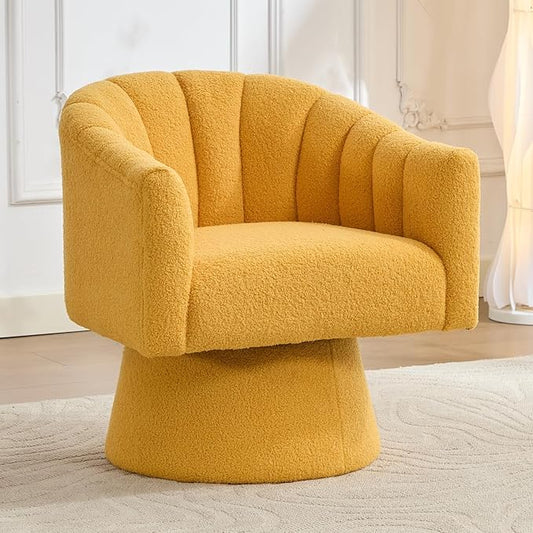 Swivel Accent Chair,Upholstered Teddy 360° Swivel Barrel Chair for Living Room Overstuffed Bouncle Reading Chair Round Armchair for Bedroom,Vanity,Office-Mustard