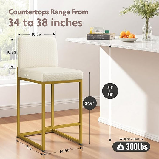 ALPHA HOME 24 Inch Bar Stools Set of 4, Kitchen Counter Stools with Backs, PU Leather Barstools, White Bar Stools with Upholstered Footrest, Sturdy Chromed Metal Steel Frame, Off-White