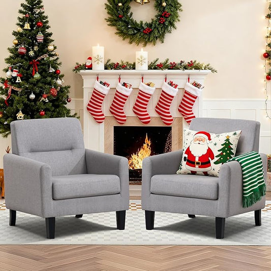 Accent Chairs Set of 2, Mid Century Modern Living Room Chairs Comfy Reading Chair with Upholstered Cushion Relax Armchair for Bedroom Apartment,Office, Light Grey