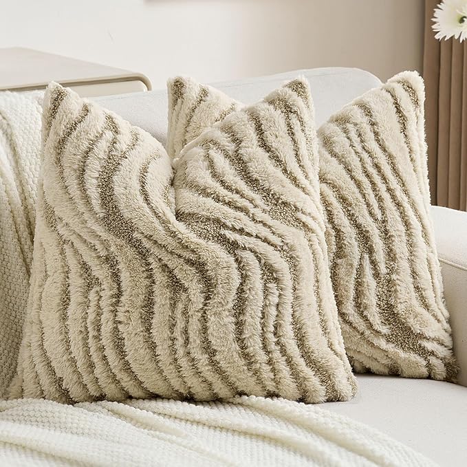 FUTEI Beige Decorative Throw Pillow Covers 18x18 Inch Set of 2,Soft Faux Fur Geometric Shapes Texture Cushion Case,Boho Home Decor for Couch Bed Living Room