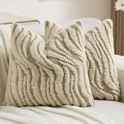 FUTEI Beige Decorative Throw Pillow Covers 18x18 Inch Set of 2,Soft Faux Fur Geometric Shapes Texture Cushion Case,Boho Home Decor for Couch Bed Living Room