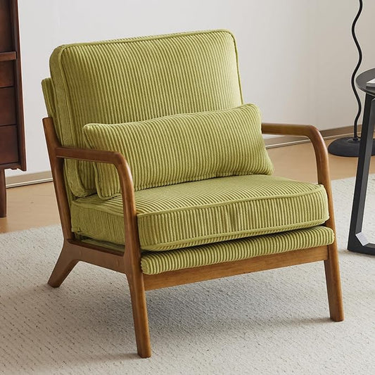 VINGLI Upgraded Premium Corduroy Accent Chair,Upholstered Arm Chair,Solid Wood Comfy Reading Chair with Pillow, Mid Century Modern Chairs for Living Room,Bedroom,Guest Room,Green