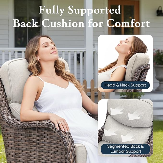 Belord Luxury 6" Thick Cushioned Outdoor Swivel Rocker Patio Chairs Set of 4 with Side Table, High Back Wicker Furniture Set with Ergonomic Zone Back, Conversation Set for Deck Porch - Brown+Beige