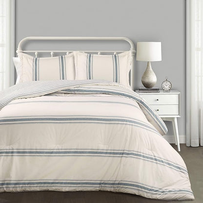 Lush Decor Farmhouse Stripe Reversible Cotton Comforter Set, 3 Piece Set, Full/ Queen, Blue - Cozy F𝐚rmhouse Bedding Set - Rustic Decor - Striped Comforter - Modern Farmho𝐮se Bedroom Decor