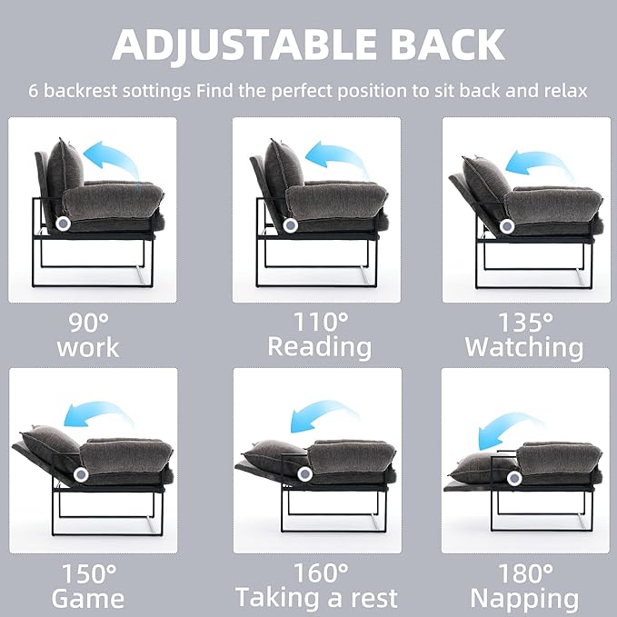 Xifan Modern Comfy Reclining Chair with 6 Angle Adjustable Backrest, Upholstered Accent Chair Fabric Living Room Lounge Chair for Reading Room - Gray, 1PC