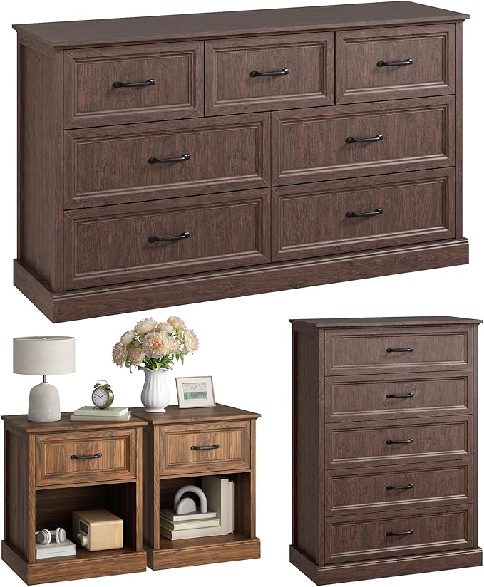 CARPETNAL Farmhouse Dresser and Nightstand Sets for Bedroom, 4 Pcs Bedroom Set, 5 Drawer & 7 Drawer Dresser and Nightstand Set of 2, Wood Chest of Drawers for Living Room, Entryway, Brown