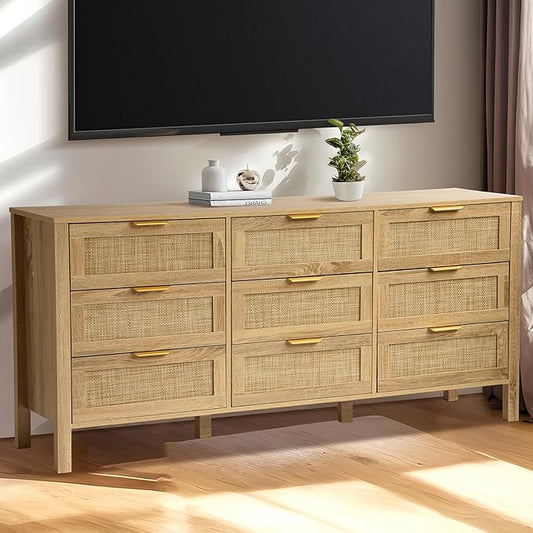 9 Drawer Dressers for Bedroom, Rattan Dresser with Drawers, Modern Wood Dresser with Metal Handles, Chest of Drawers for Bedroom, Living Room, Entryway (9 Drawer)