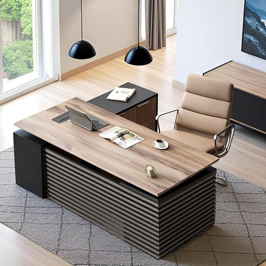 70.87" L Shaped Standing Executive Desk and 63" lateral File Cabinet, Large Adjustable Heigh Office Computer Desk with 3 Drawers,2.3" Desktop,Business Workstation,Black and Warm Oak