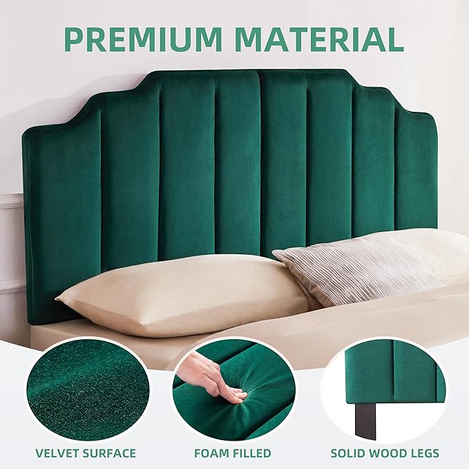 Velvet Upholstered Headboard Queen, Tufted Headboard, Elegantly Curved Queen headboard only,Soft Padded headboards, Modern Vertical Channel Design Head Board, Dark Green