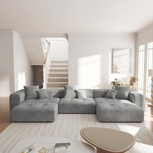 JACH 144.1 Inch U-Shaped Modular Sofa, Mid Century Modern Deep Seat Sectional Couch, 3-Seater Sofas with Chaise Ottomans for Living Room, Cozy Sofas for Apartment, Living Room (Linen Fabric, Grey)