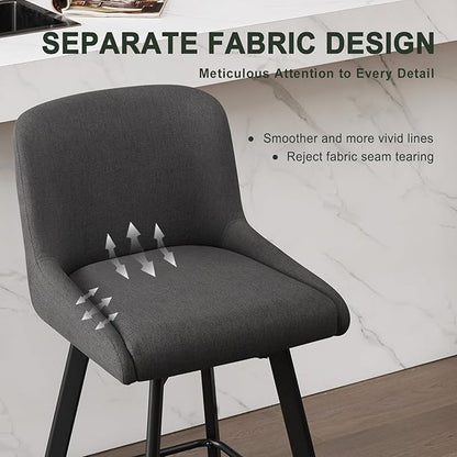 Swivel Counter Height Bar Stools Set of 3, 30''H Upholstered Barstools with Backs, Modern Bar Stool Chairs for Kitchen Island, Metal Legs, Fabric, Black Grey Stools Counter Chair