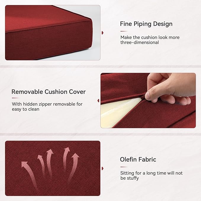 Luxury 6" Outdoor Cushions for Patio Furniture, 24x24x6" Thick Seat Cushion Set of 6, Fade Resistant Couch Chair Replacement Cushions High Density Deep Wicker Chair Cushion w/ Removable Cover, Red