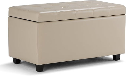 SIMPLIHOME Cosmopolitan Storage Ottoman - 34 inch Wide Upholstered Vegan Leather Rectangle Storage Ottoman Bench in Satin Cream, Transitional Tufted Ottoman for Living Room with Lift-Up Lid