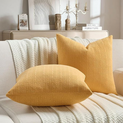 FUTEI Mustard Yellow Chenille Throw Pillow Covers 20x20 Inch Set of 2,Soft Striped & Diamond Textured Cushion Cases,Modern Home Decor for Couch Living Room