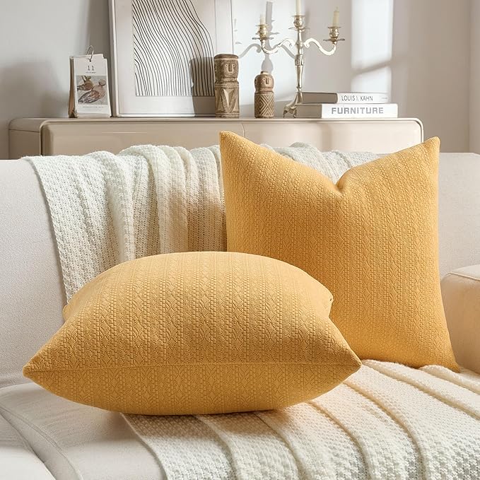FUTEI Mustard Yellow Chenille Throw Pillow Covers 26x26 Inch Set of 2,Soft Striped & Diamond Textured Euro Pillow Shams,Modern Home Decor for Couch Living Room