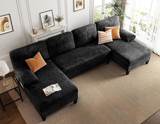 KKL Sectional Sofa Couch for Living Room, U Shaped Couch with Storage, Home Sofas with Chaise, Modern Comfy Couches for Apartment, Living Room Furniture, Chenille (Black, U Shape)