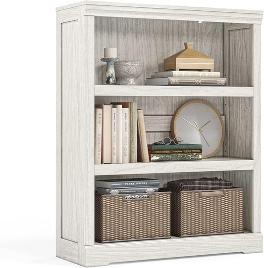 LINSY HOME 3-Tier Bookcase and Bookshelf, Small Wood Display Storage Shelves Farmhouse Bookshelf for Home Office, Living Room, Bed Room - White Oak