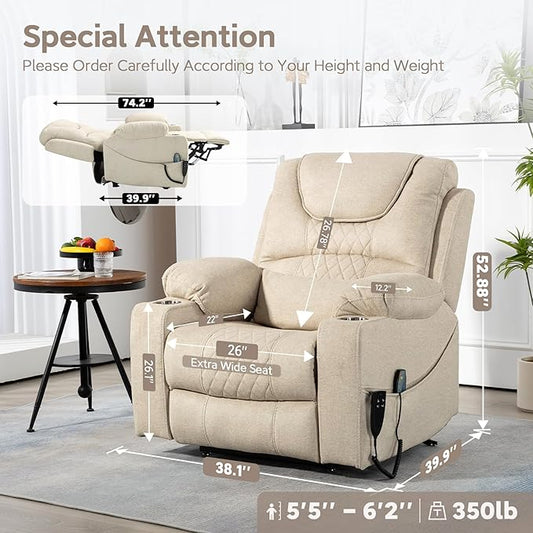 Oversized Lazy Boy Recliner Chair, 2 Motor Leather Recliner, Nursing Lift Chair with Massage and Lumbar Heating, Functional Adult Power Recliner with Cup Holders