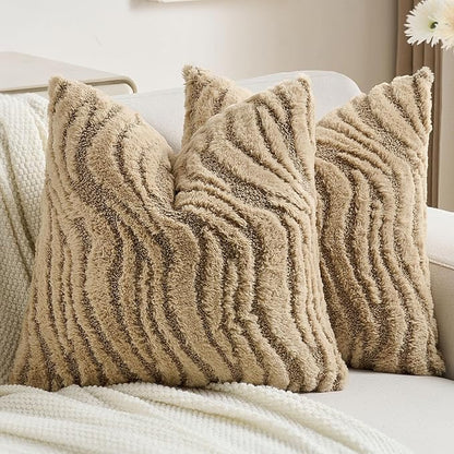 FUTEI Khaki Decorative Throw Pillow Covers 24x24 Inch Set of 2,Soft Faux Fur Geometric Shapes Texture European Cushion Case,Boho Home Decor for Couch Bed Living Room