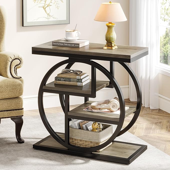 Tribesigns End Table for Living Room, 4-Tier Narrow Side Table with Storage Shelves, Industrial Bedside Table for Bedroom, Wood Small Sofa Side Table with Geometric Metal Frame (1 PC, Grey)